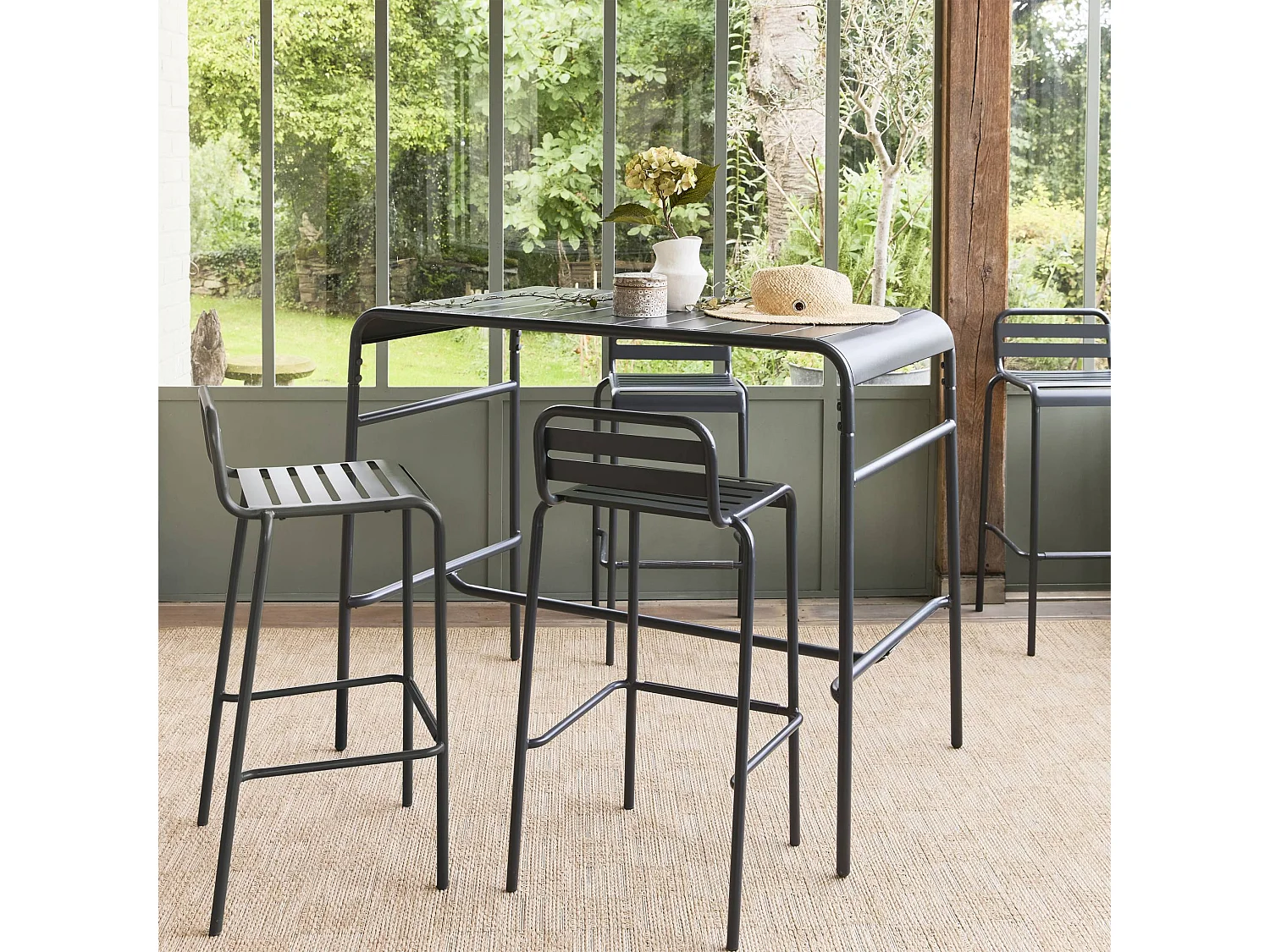 Mesa alta de jardín metálica 120cm, 4 plazas antracita