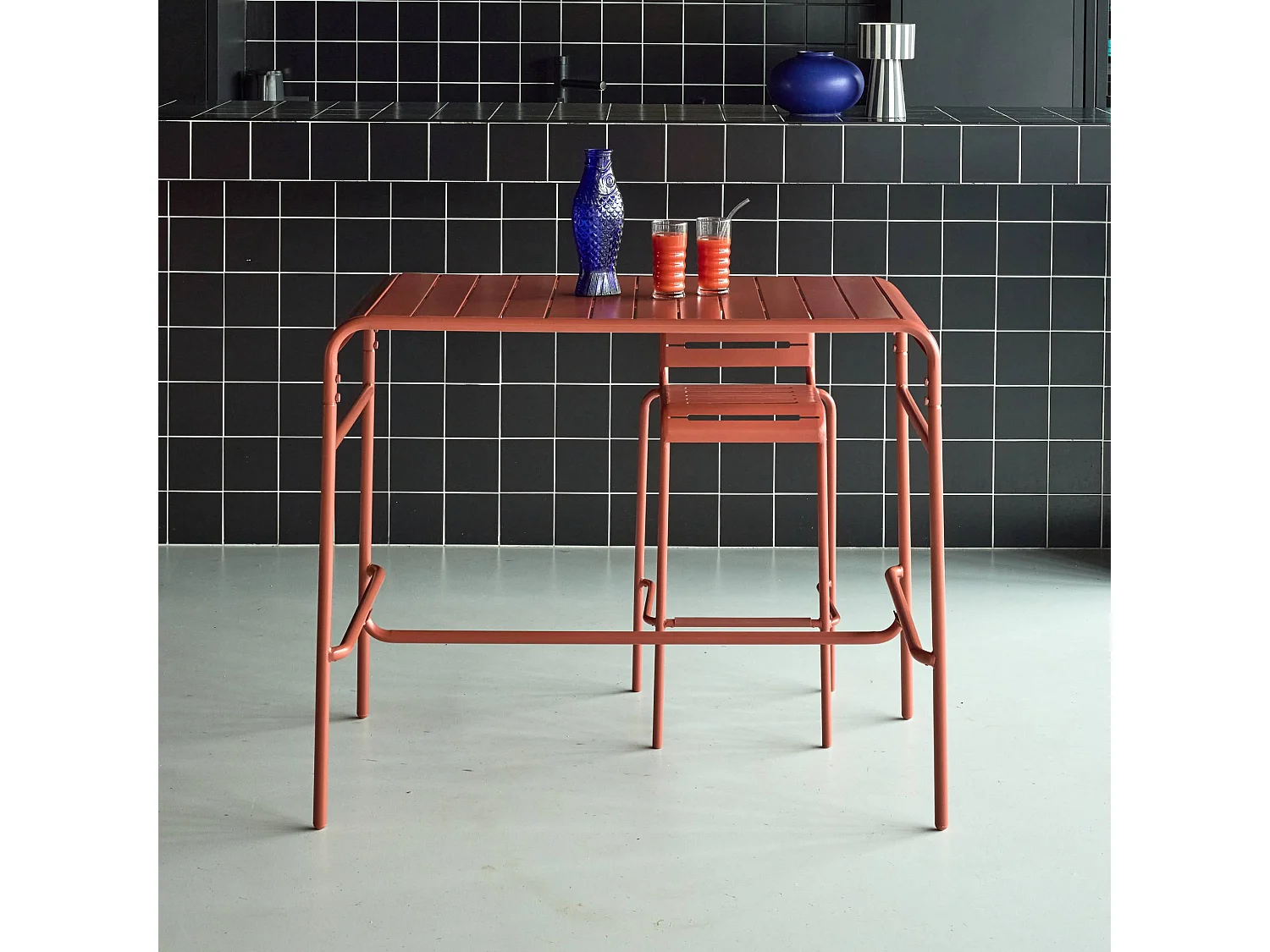 Tavolo alto da giardino in acciaio, 4 posti, 120cm, terracotta