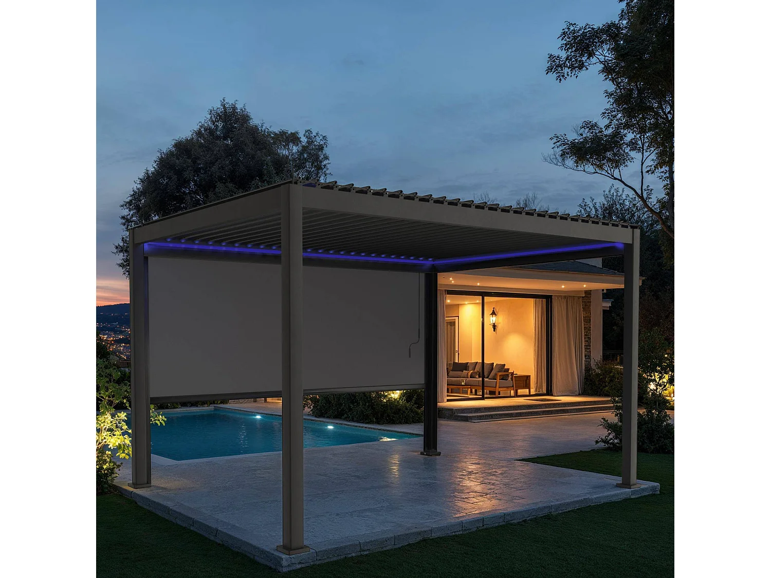 Pergola bioclimatique électrique 3x4m. aluminium. à lames orientables avec éclairage LED + store 3m