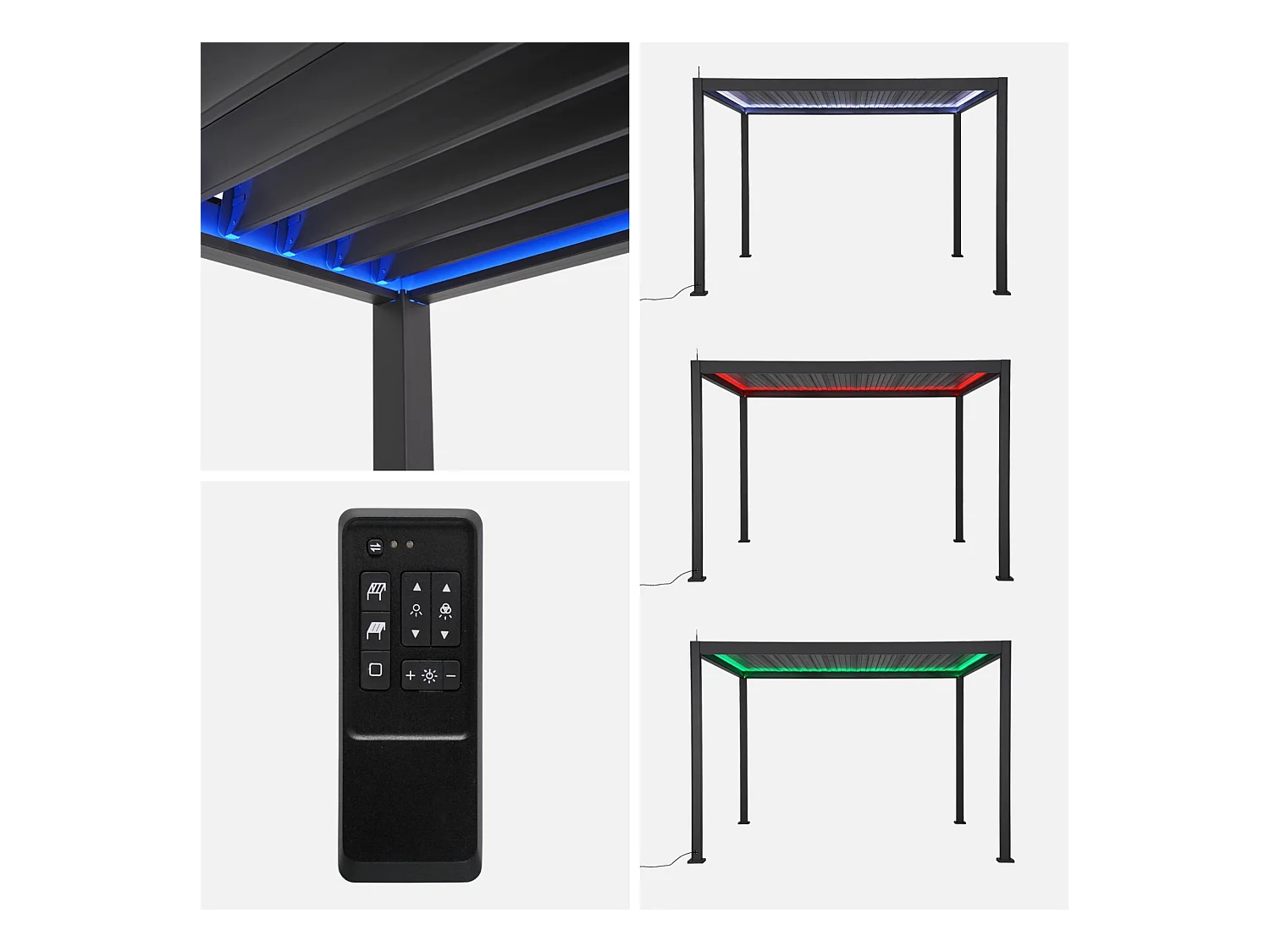 Pergola bioclimatique électrique 3x4m. aluminium. à lames orientables avec éclairage LED + store 3m