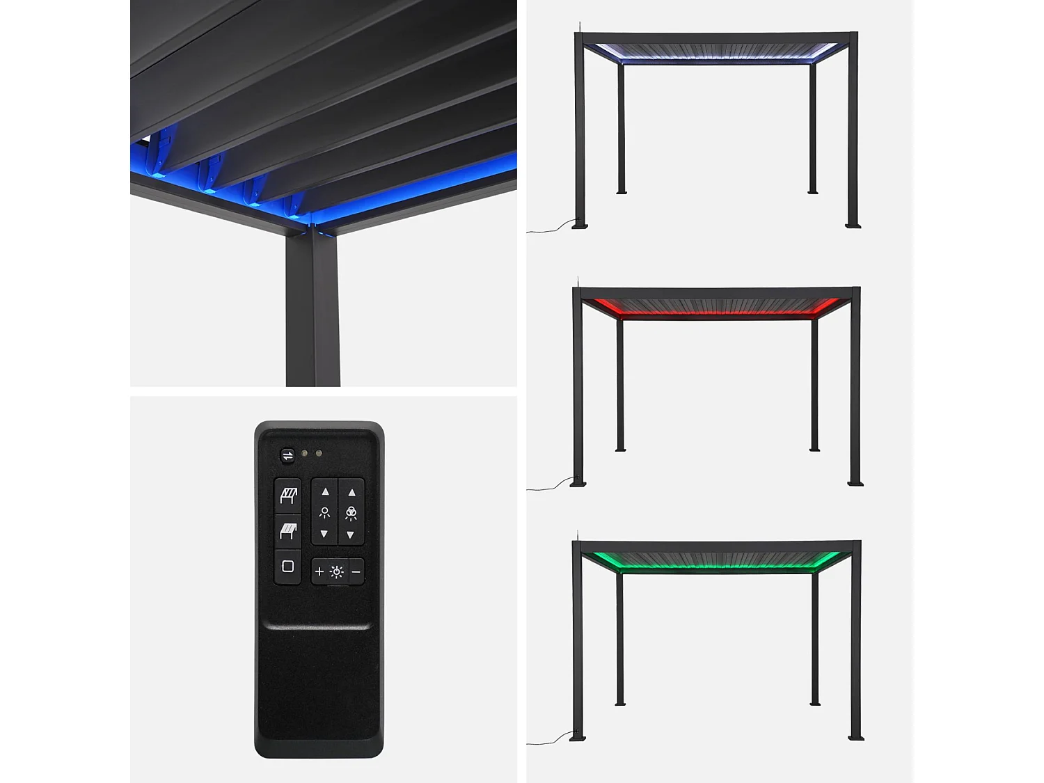 Pergola bioclimatique électrique 3x4m. aluminium. à lames orientables avec éclairage LED + store 3m