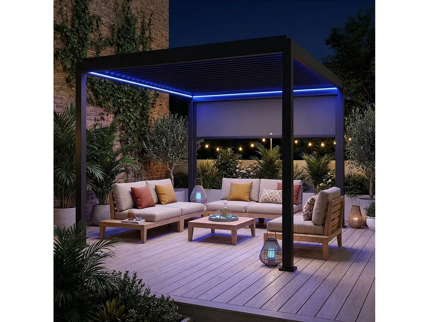 Pergola bioclimatica 3x4m LED motorizzata in alluminio + 1 tenda 3m, Antracite