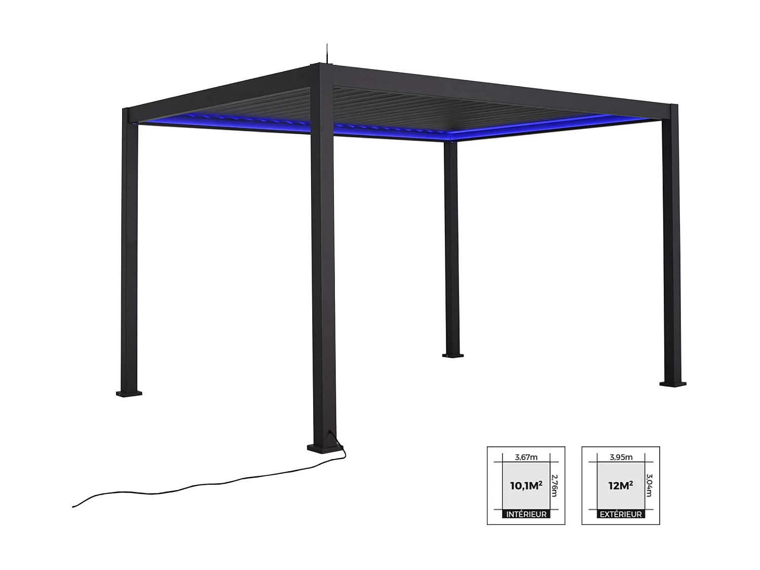 Pergola bioclimatique électrique 3x4m. aluminium. à lames orientables avec éclairage LED + store 4m
