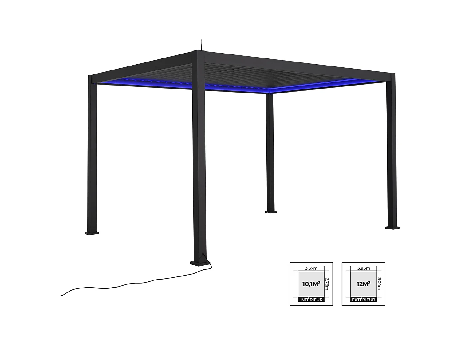 Pergola bioclimatique électrique 3x4m. aluminium. à lames orientables avec éclairage LED + store 4m
