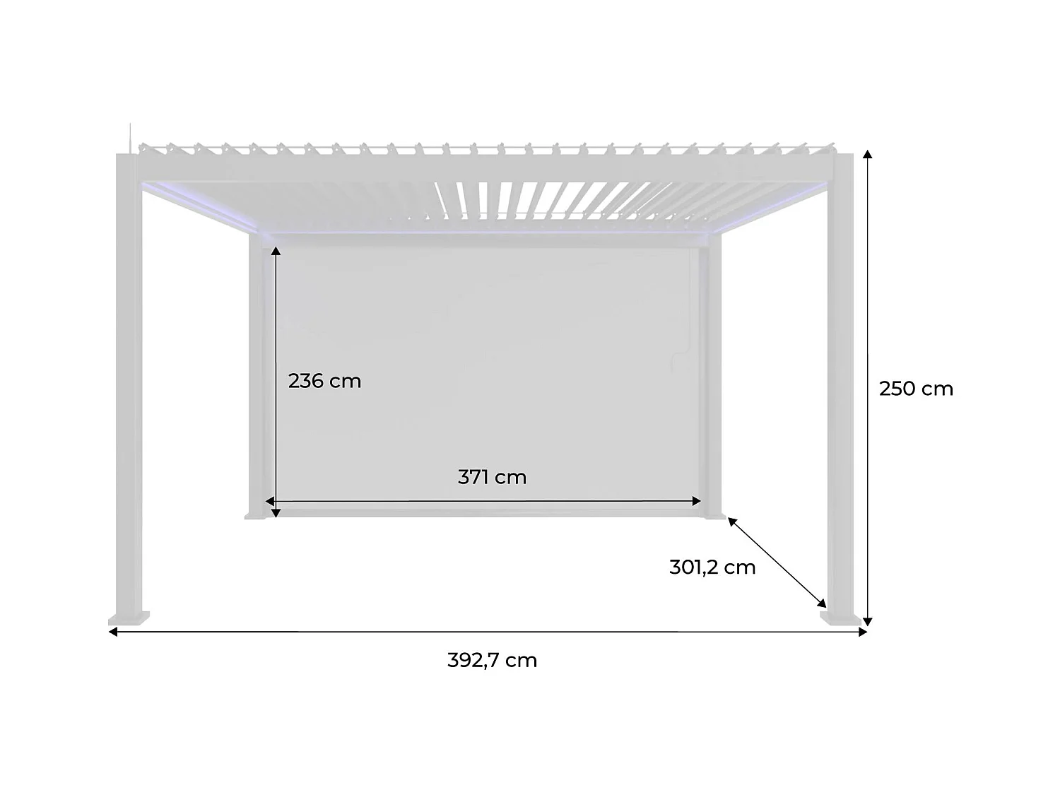 Pergola bioclimatique électrique 3x4m. aluminium. à lames orientables avec éclairage LED + store 4m