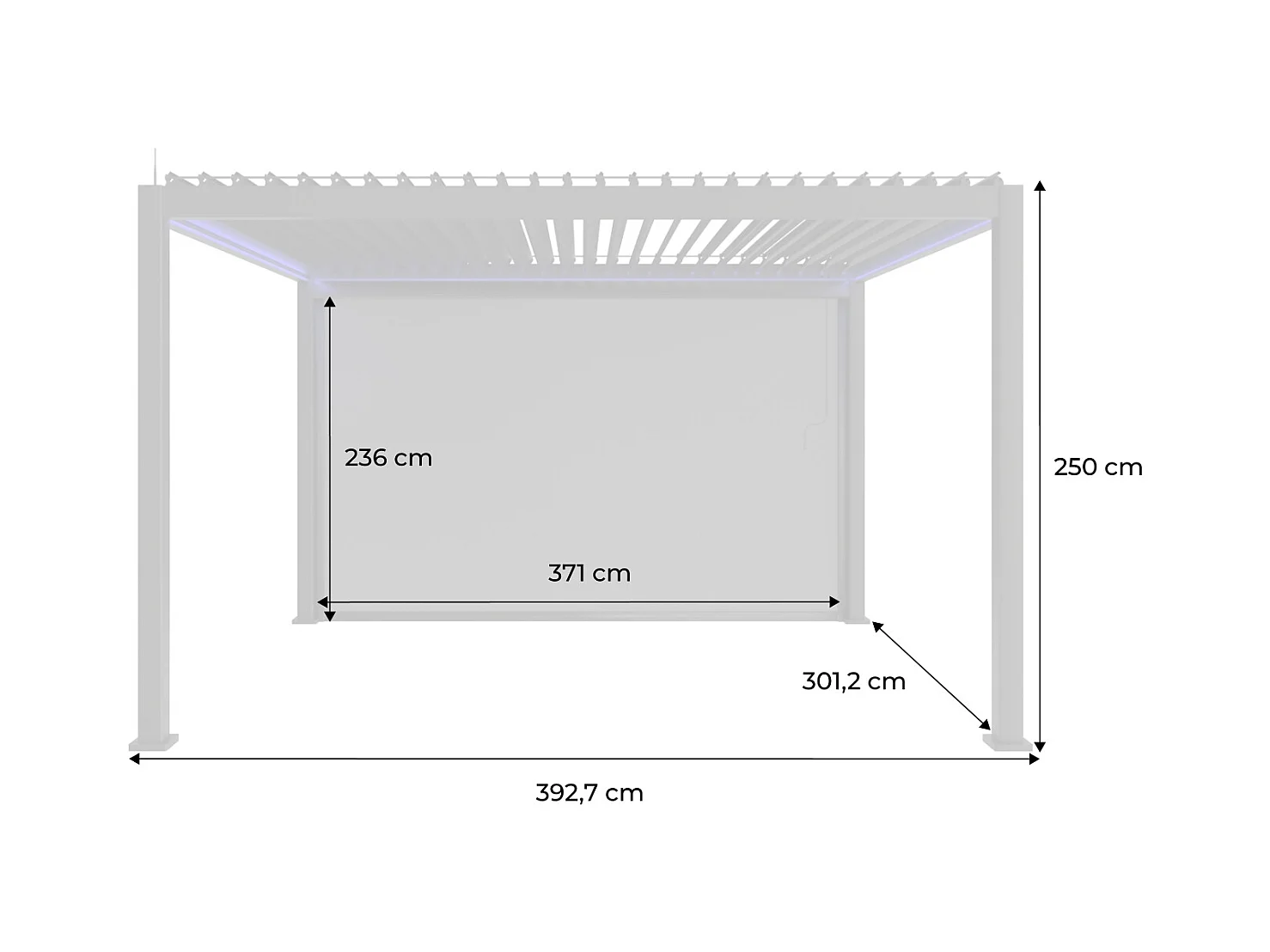Pergola bioclimatique électrique 3x4m. aluminium. à lames orientables avec éclairage LED + store 4m