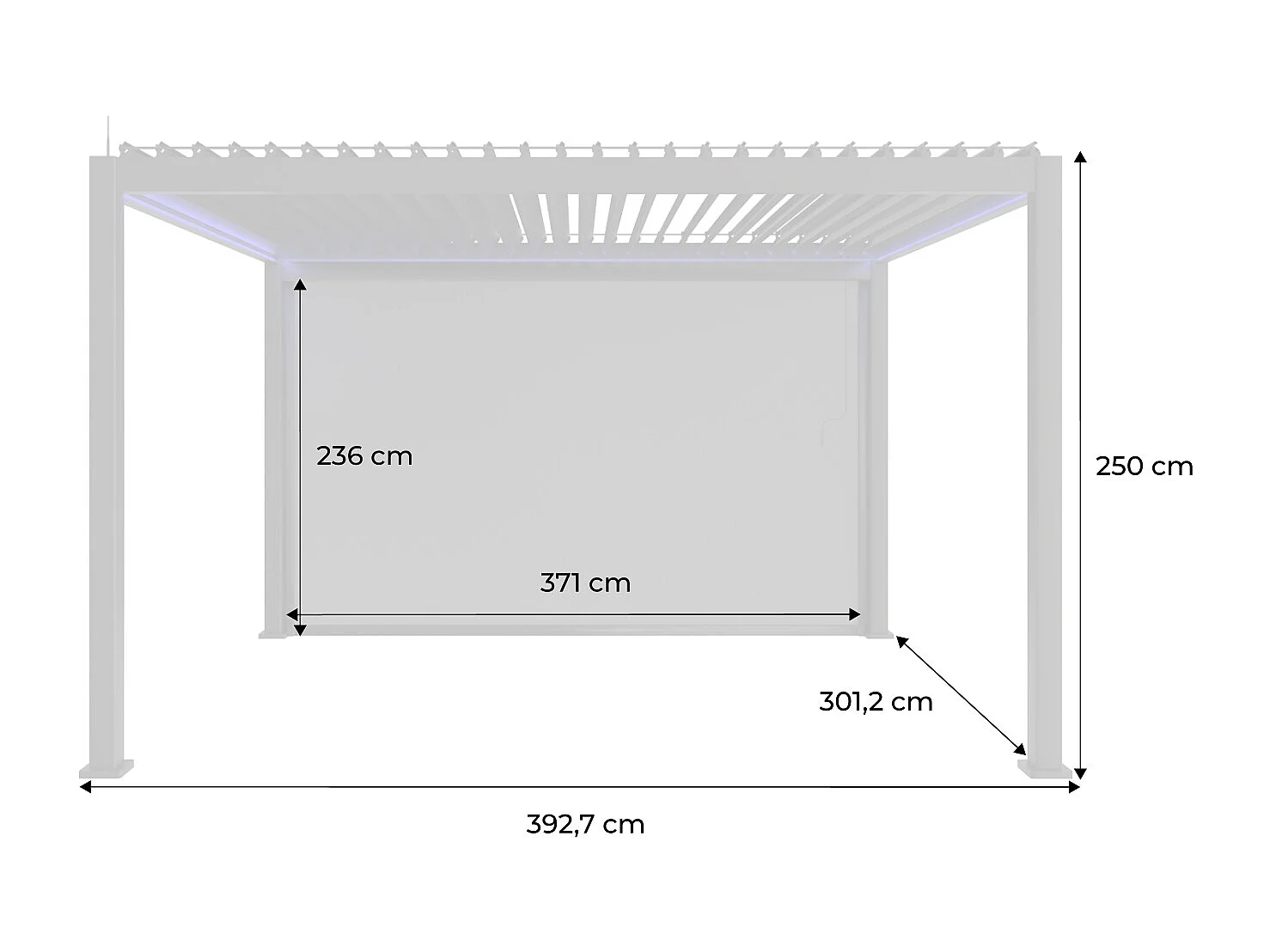 Pergola bioclimatique électrique 3x4m. aluminium. à lames orientables avec éclairage LED + store 4m