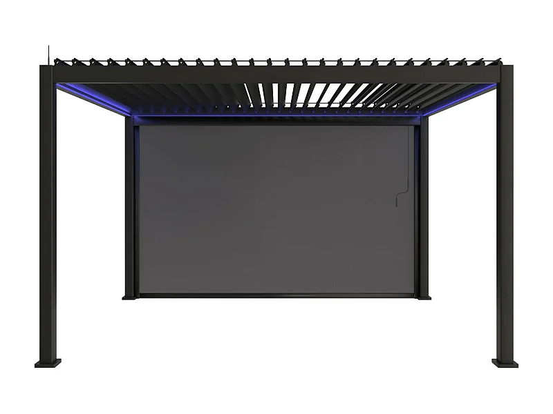 Pergola bioclimatique électrique 3x4m. aluminium. à lames orientables avec éclairage LED + store 4m
