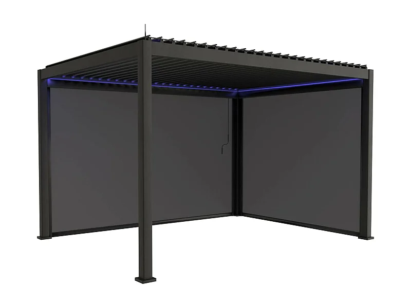 Pergola bioclimatique électrique 3x4m. aluminium. à lames orientables avec éclairage LED + store 3m + store 4m