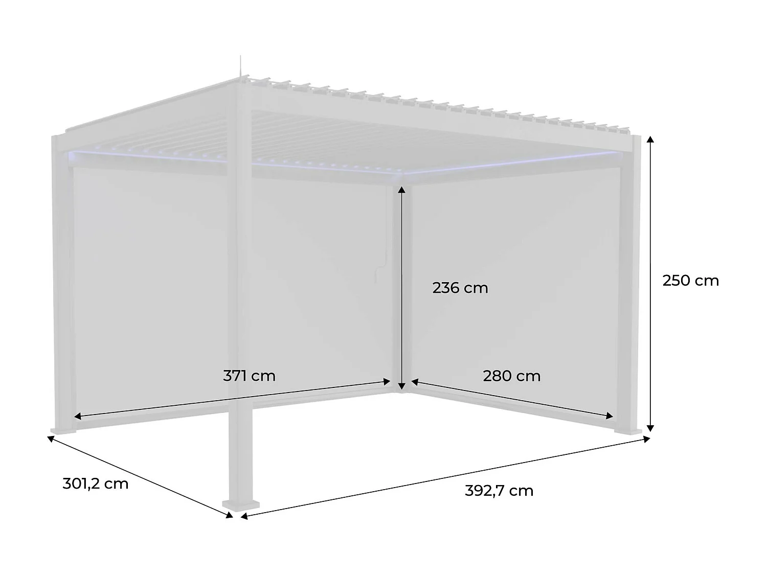 Pergola bioclimatique électrique 3x4m. aluminium. à lames orientables avec éclairage LED + store 3m + store 4m