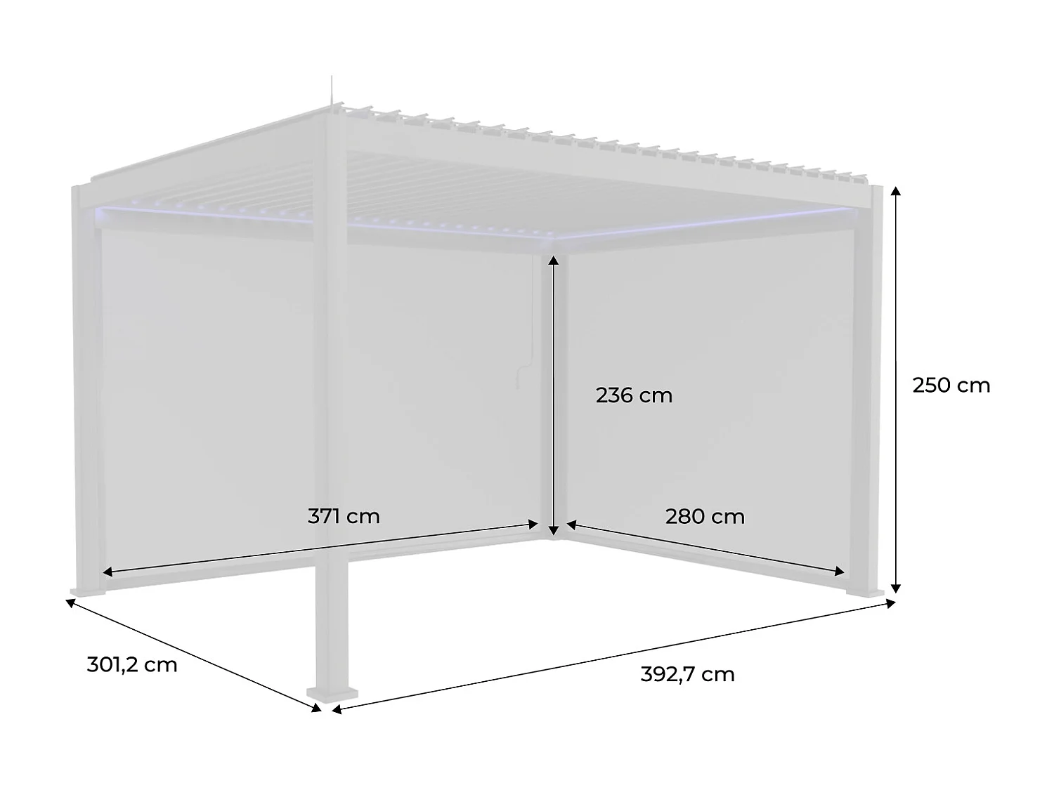 Pergola bioclimatique électrique 3x4m. aluminium. à lames orientables avec éclairage LED + store 3m + store 4m