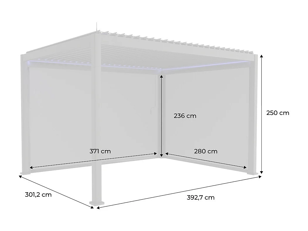 Pergola bioclimatique électrique 3x4m. aluminium. à lames orientables avec éclairage LED + store 3m + store 4m