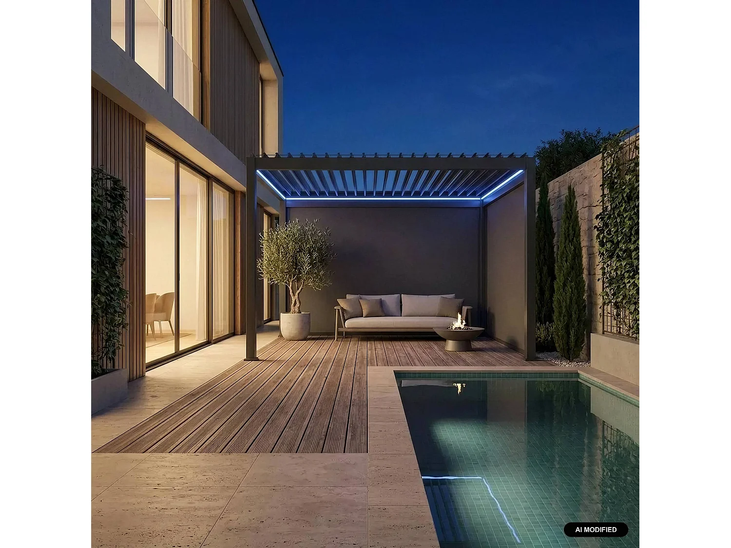 Pergola bioclimatique électrique 3x4m. aluminium. à lames orientables avec éclairage LED + store 3m + store 4m