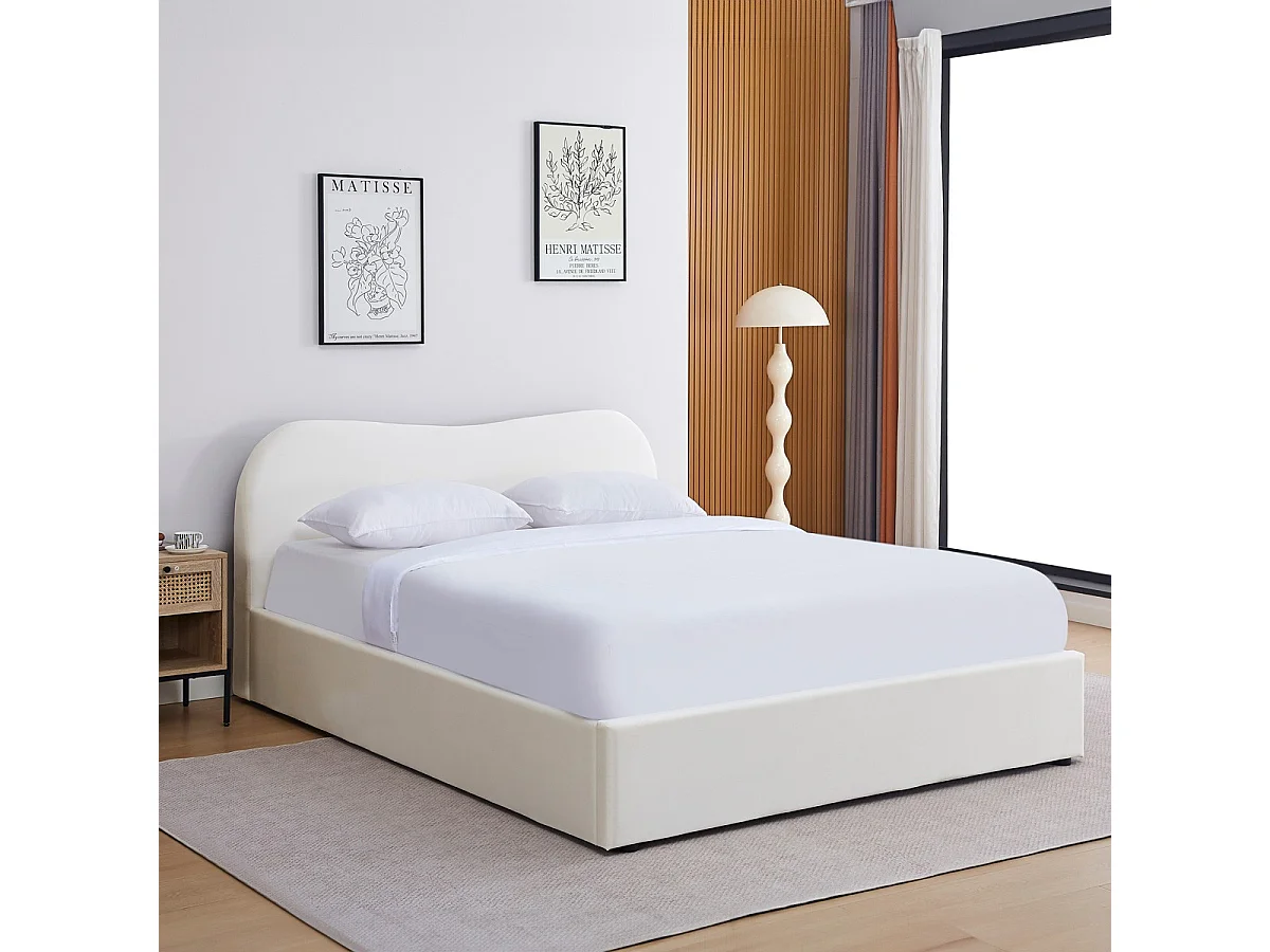 Lit adulte 180x200 cm avec tête de lit matelassée en velours beige - Ninon