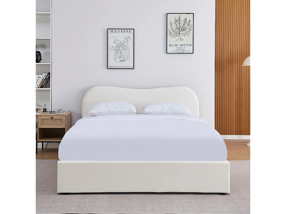 Lit adulte 180x200 cm avec tête de lit matelassée en velours beige - Ninon