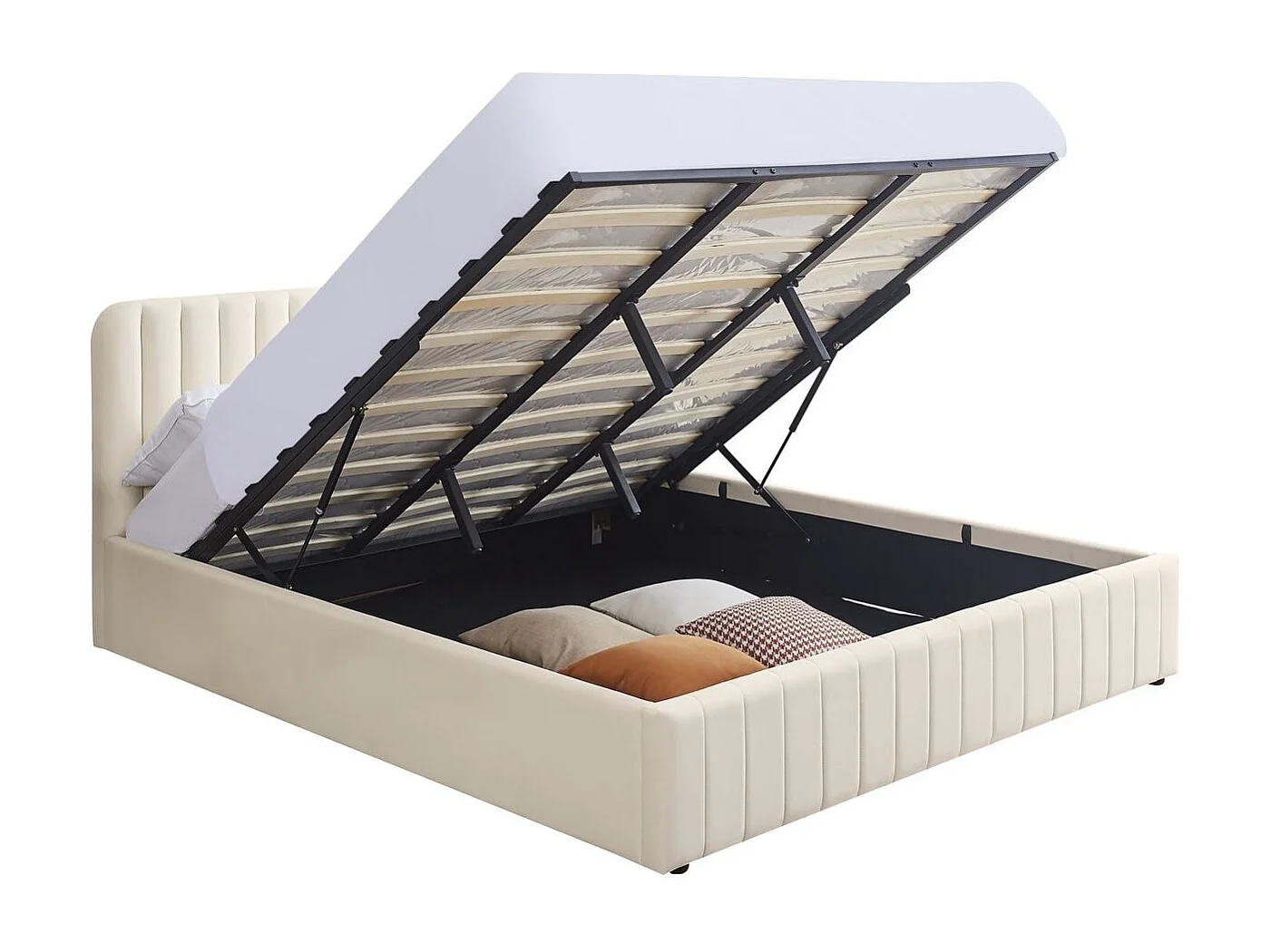Lit coffre adulte 160x200 cm avec tête de lit capitonnée en velours beige - Ava
