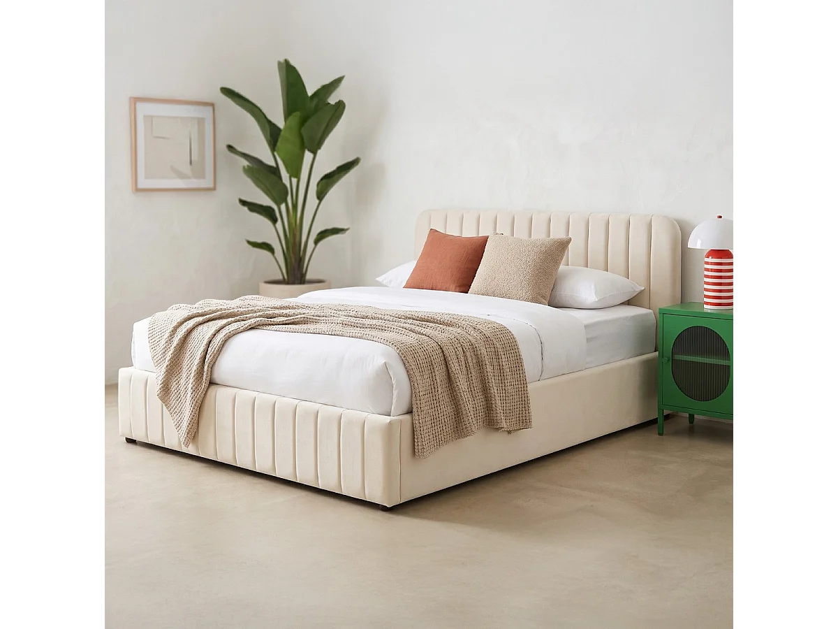 Lit coffre adulte 160x200 cm avec tête de lit capitonnée en velours beige - Ava