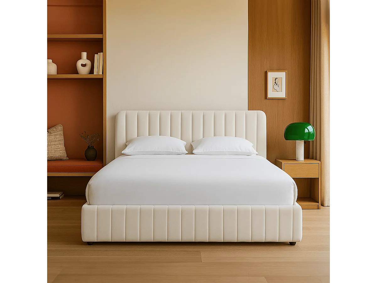 Lit coffre adulte 160x200 cm avec tête de lit capitonnée en velours beige - Ava