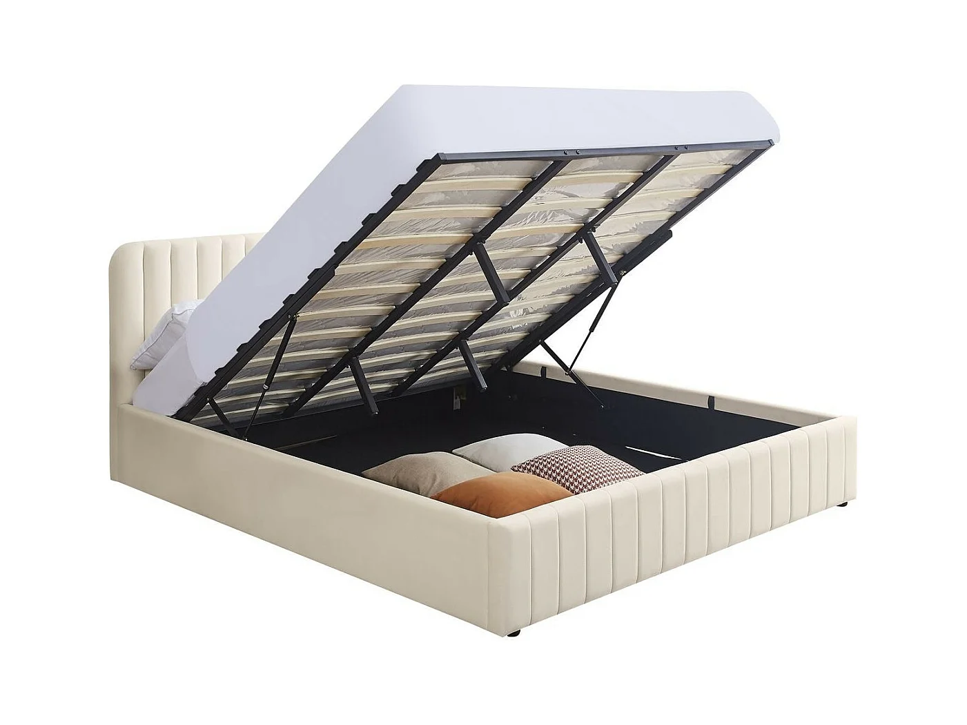 Lit coffre adulte 180x200 cm avec tête de lit capitonnée en velours beige - Ava