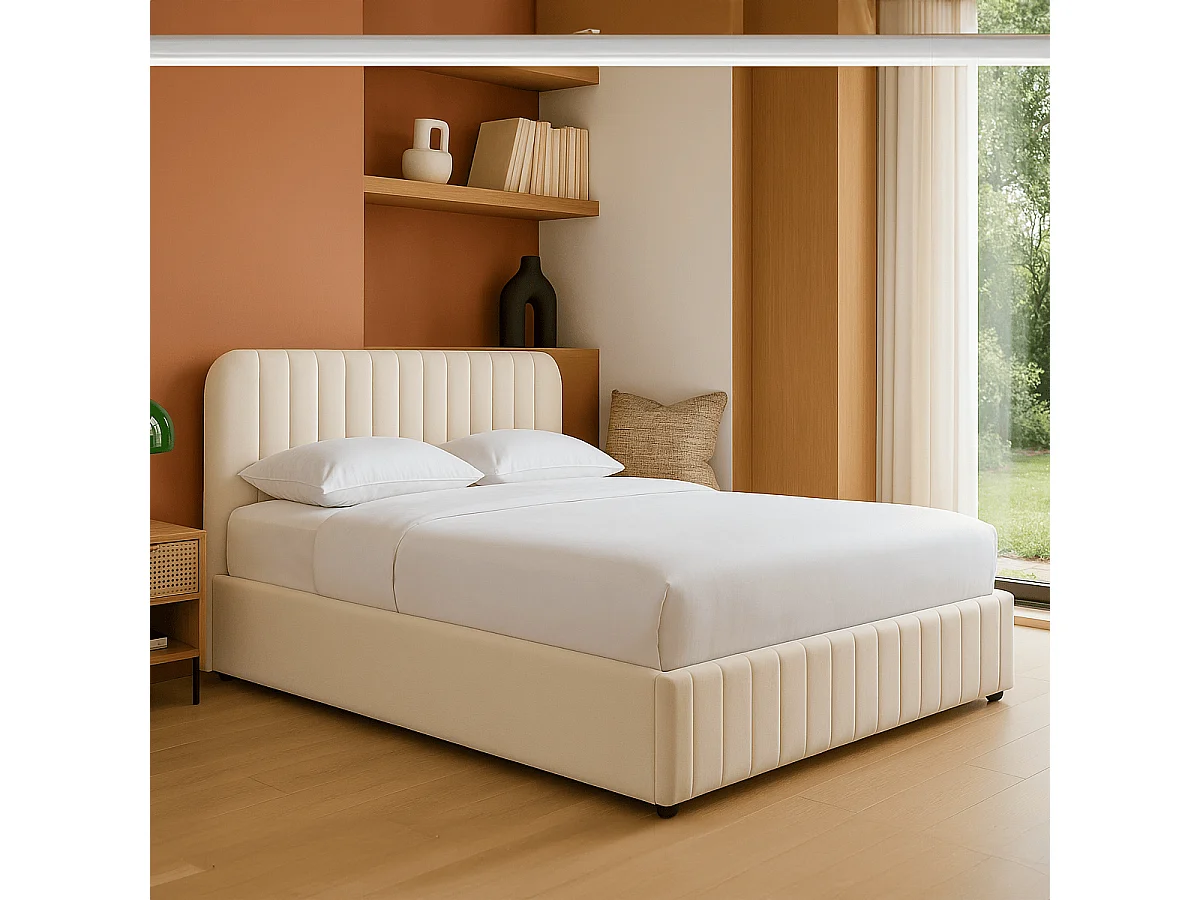 Lit coffre adulte 180x200 cm avec tête de lit capitonnée en velours beige - Ava