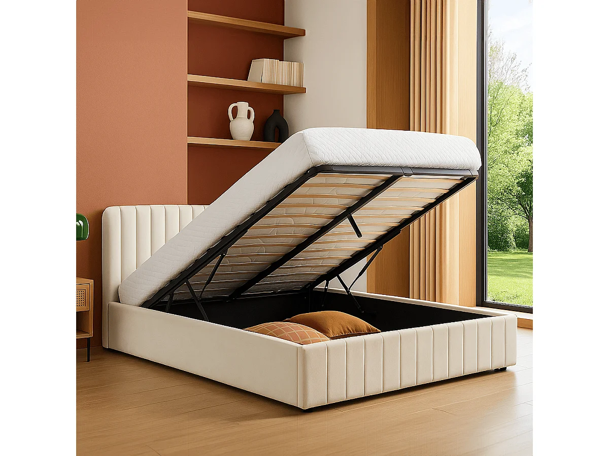 Lit coffre adulte 180x200 cm avec tête de lit capitonnée en velours beige - Ava