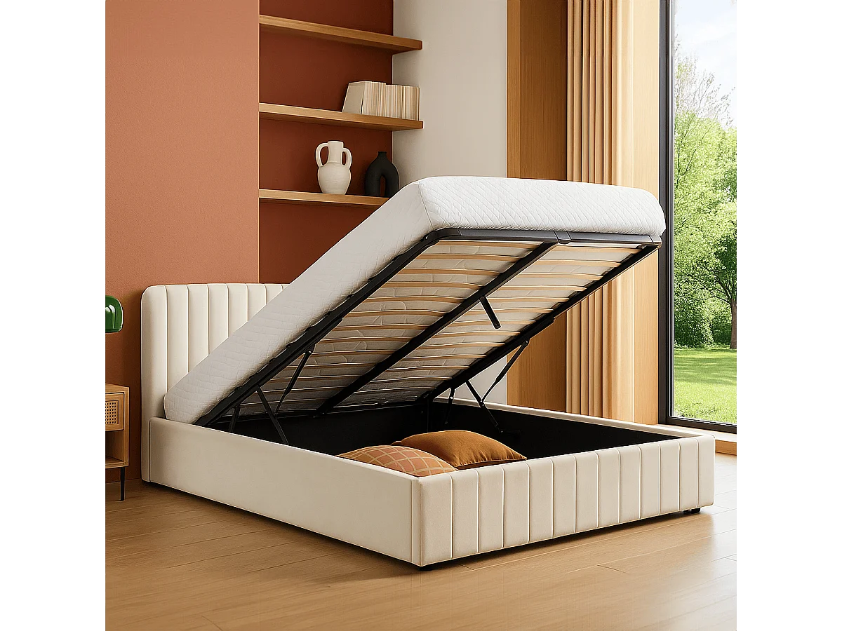Lit coffre adulte 180x200 cm avec tête de lit capitonnée en velours beige - Ava