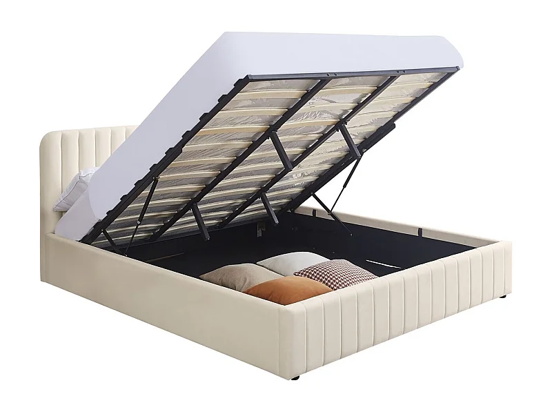 Lit coffre adulte 140x190 cm avec tête de lit capitonnée en velours beige - Ava