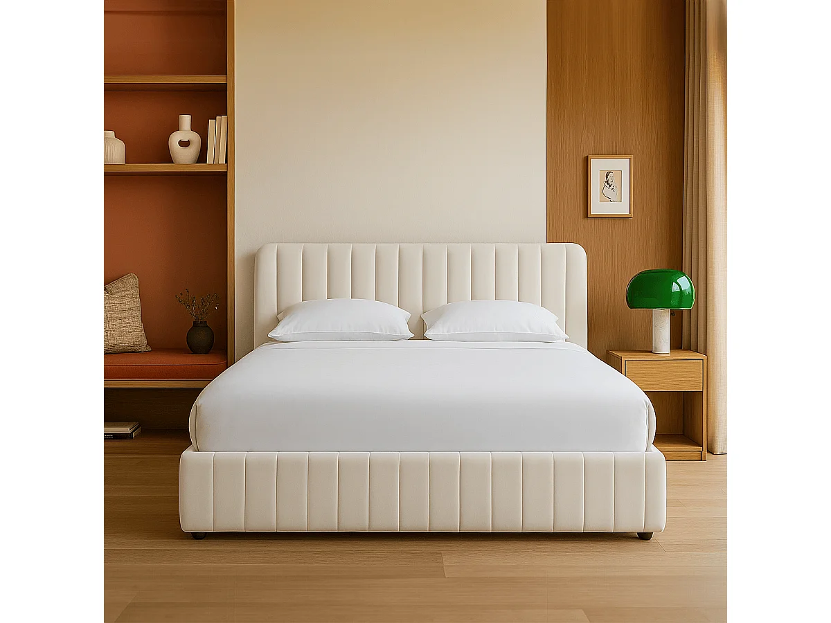 Lit coffre adulte 140x190 cm avec tête de lit capitonnée en velours beige - Ava