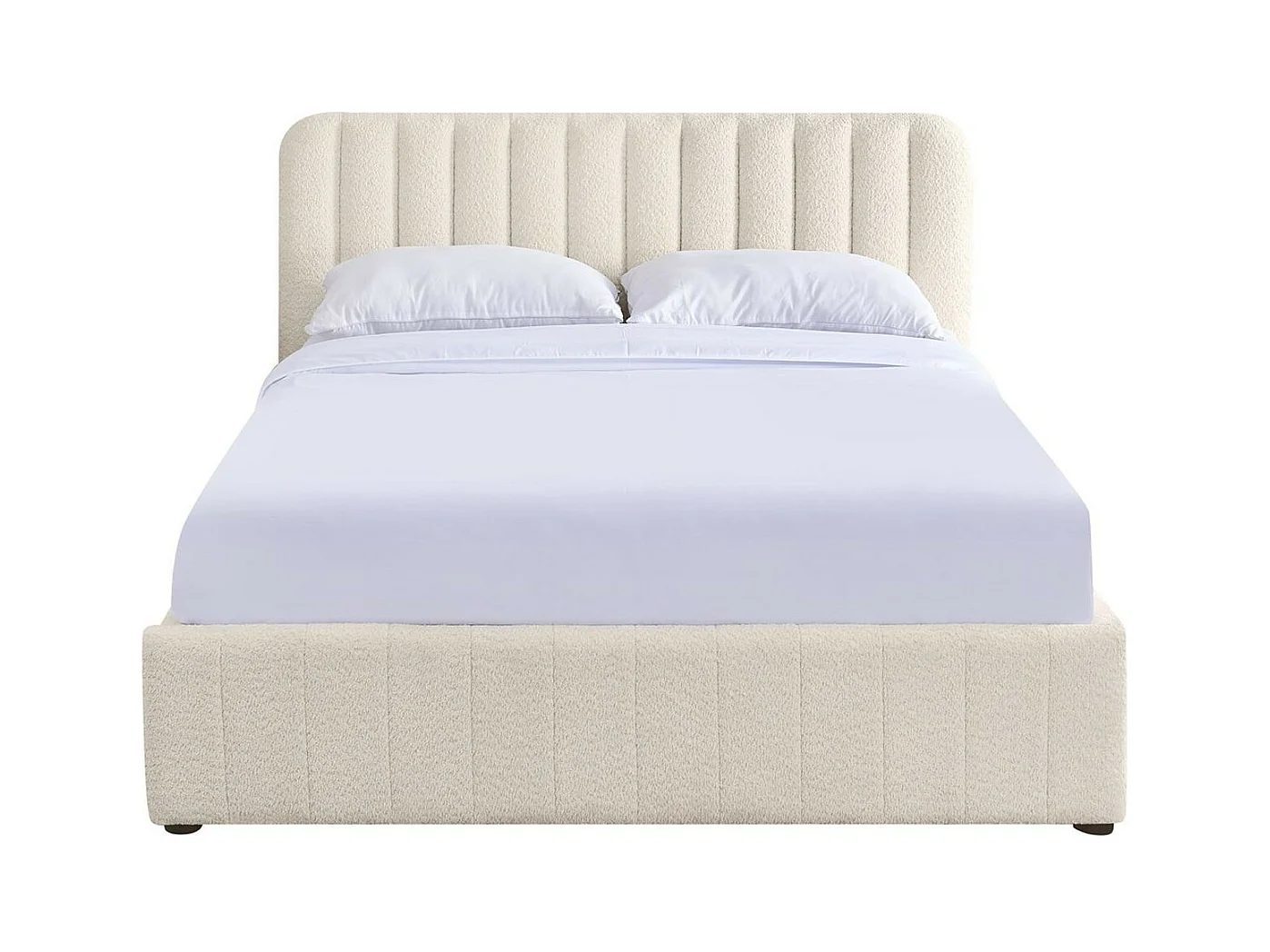Lit coffre adulte 140x190 cm avec tête de lit capitonnée en tissu bouclé beige - Ava