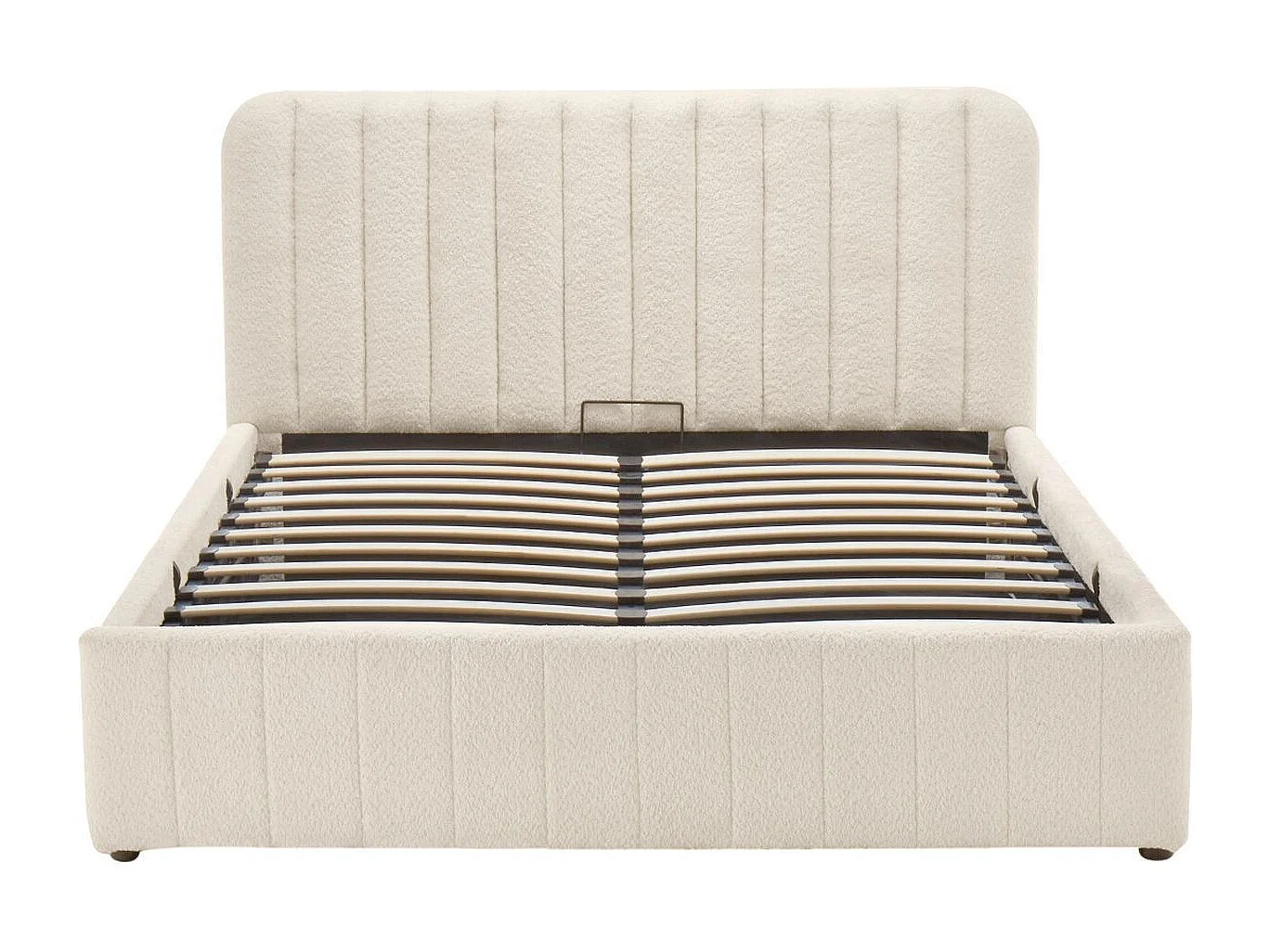 Lit coffre adulte 140x190 cm avec tête de lit capitonnée en tissu bouclé beige - Ava