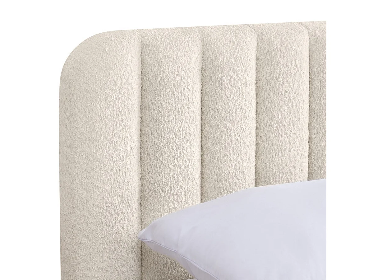 Lit coffre adulte 140x190 cm avec tête de lit capitonnée en tissu bouclé beige - Ava