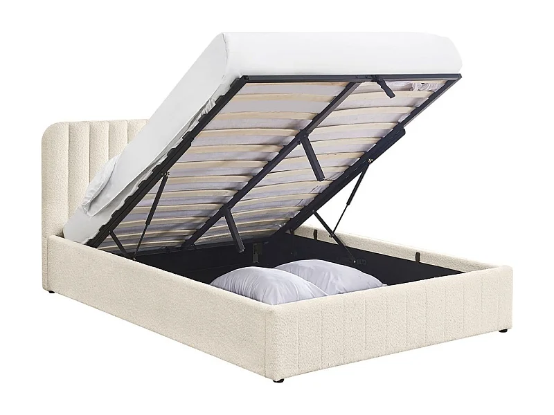 Lit coffre adulte 140x190 cm avec tête de lit capitonnée en tissu bouclé beige - Ava