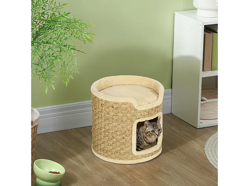Panier coussin griffoir chat 3 en 1 design tonneau - Ø 38 x 37H cm - jonc de mer peluche beige