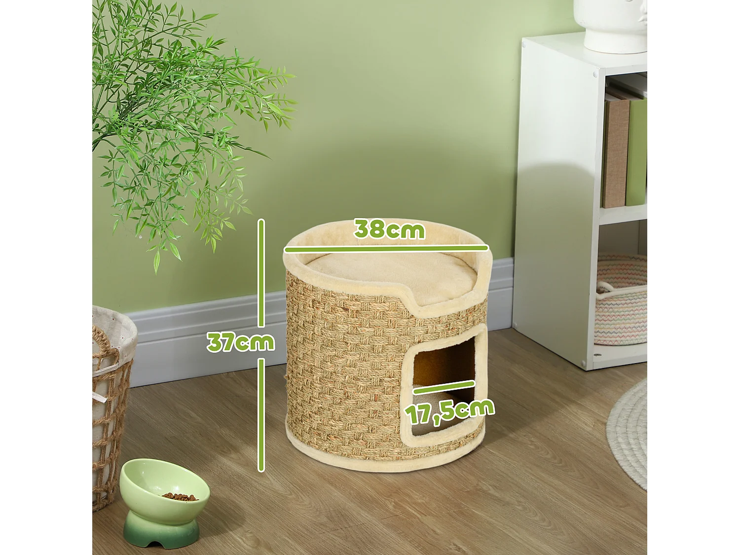 Panier coussin griffoir chat 3 en 1 design tonneau - Ø 38 x 37H cm - jonc de mer peluche beige