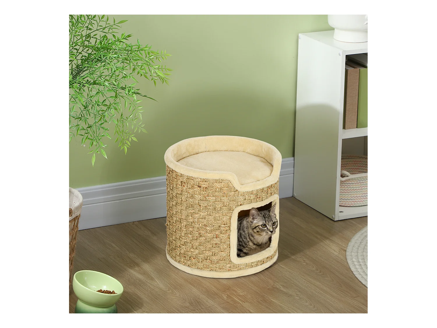 Panier coussin griffoir chat 3 en 1 design tonneau - Ø 38 x 37H cm - jonc de mer peluche beige