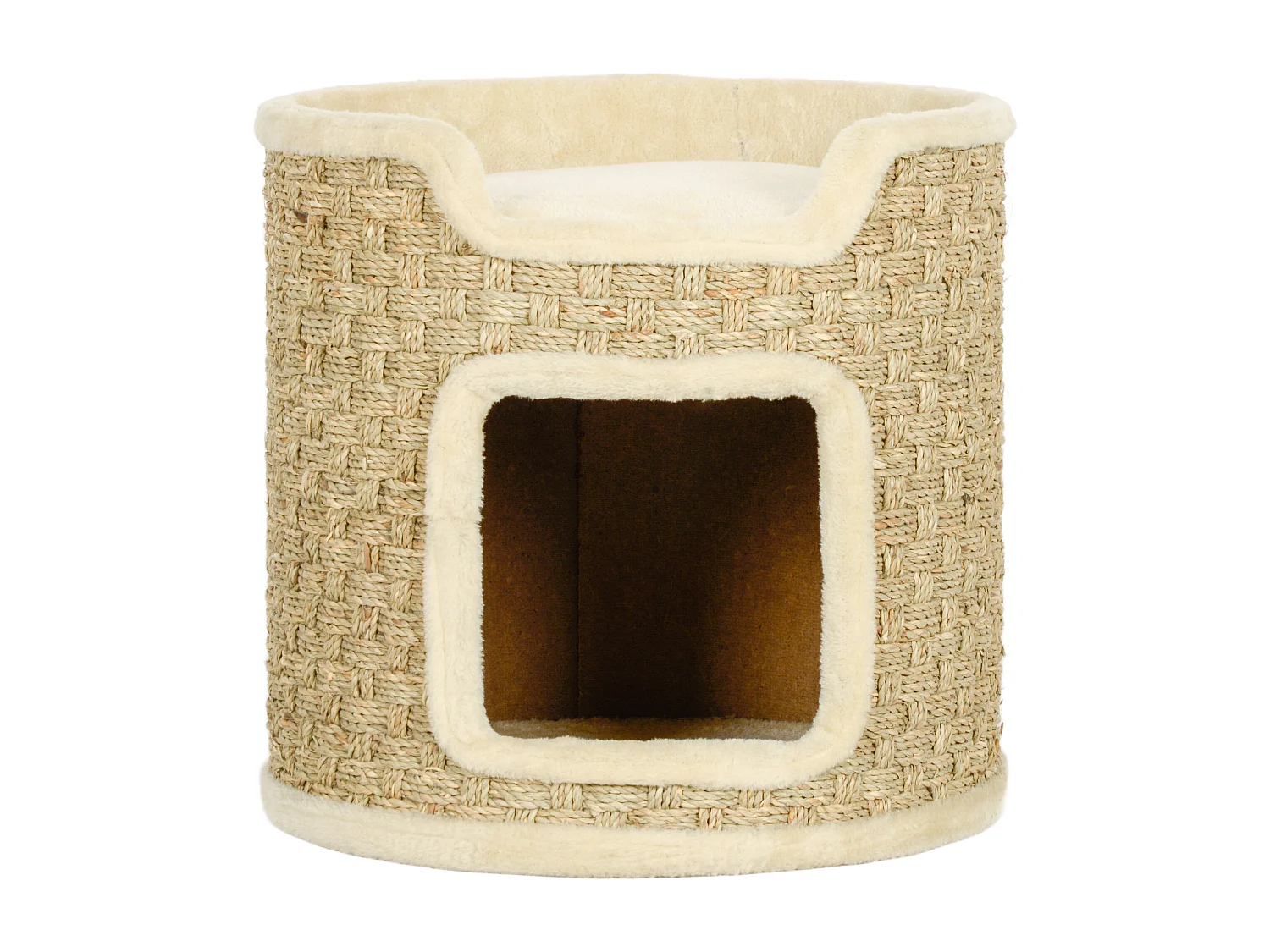 Panier coussin griffoir chat 3 en 1 design tonneau - Ø 38 x 37H cm - jonc de mer peluche beige