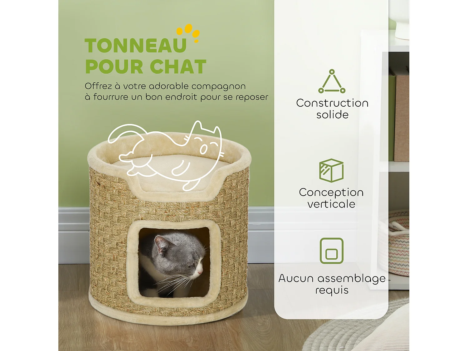 Panier coussin griffoir chat 3 en 1 design tonneau - Ø 38 x 37H cm - jonc de mer peluche beige