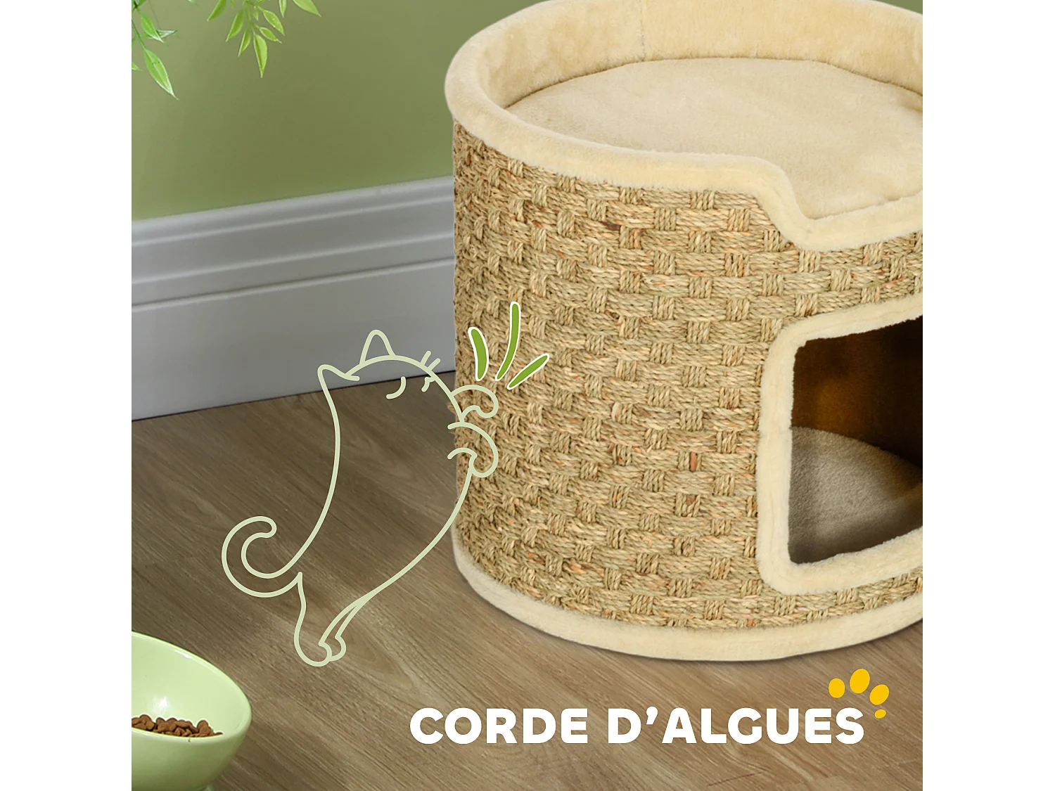 Panier coussin griffoir chat 3 en 1 design tonneau - Ø 38 x 37H cm - jonc de mer peluche beige