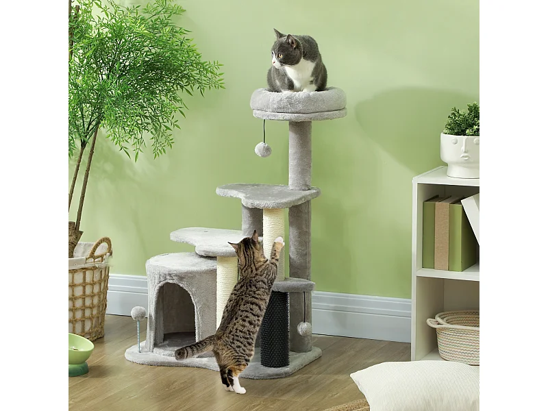 Arbre à chat H.87 cm 3 niv. - griffoirs, niche, bande massante, tour observation, boules - gris clair