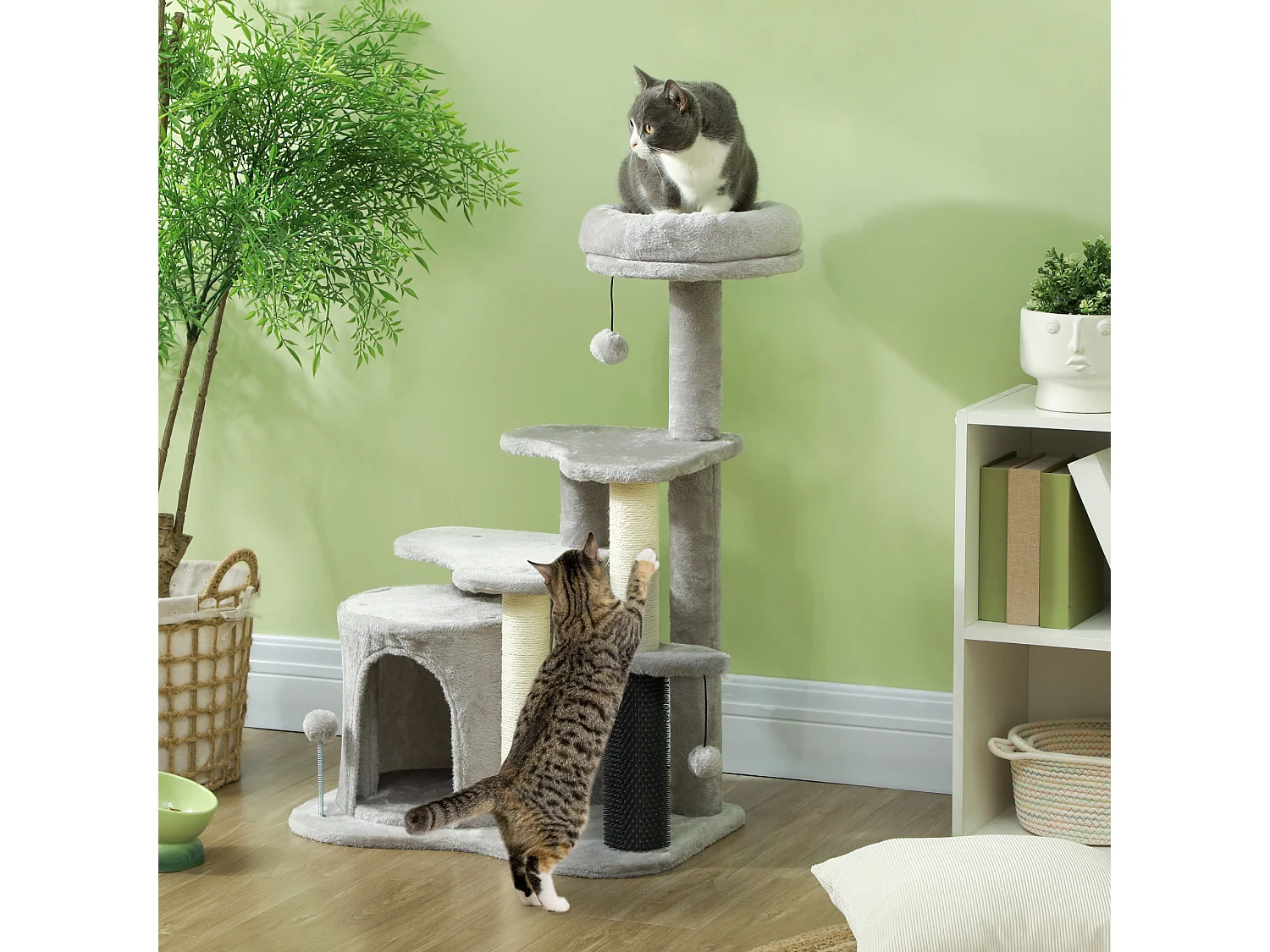 Arbre à chat H.87 cm 3 niv. - griffoirs, niche, bande massante, tour observation, boules - gris clair