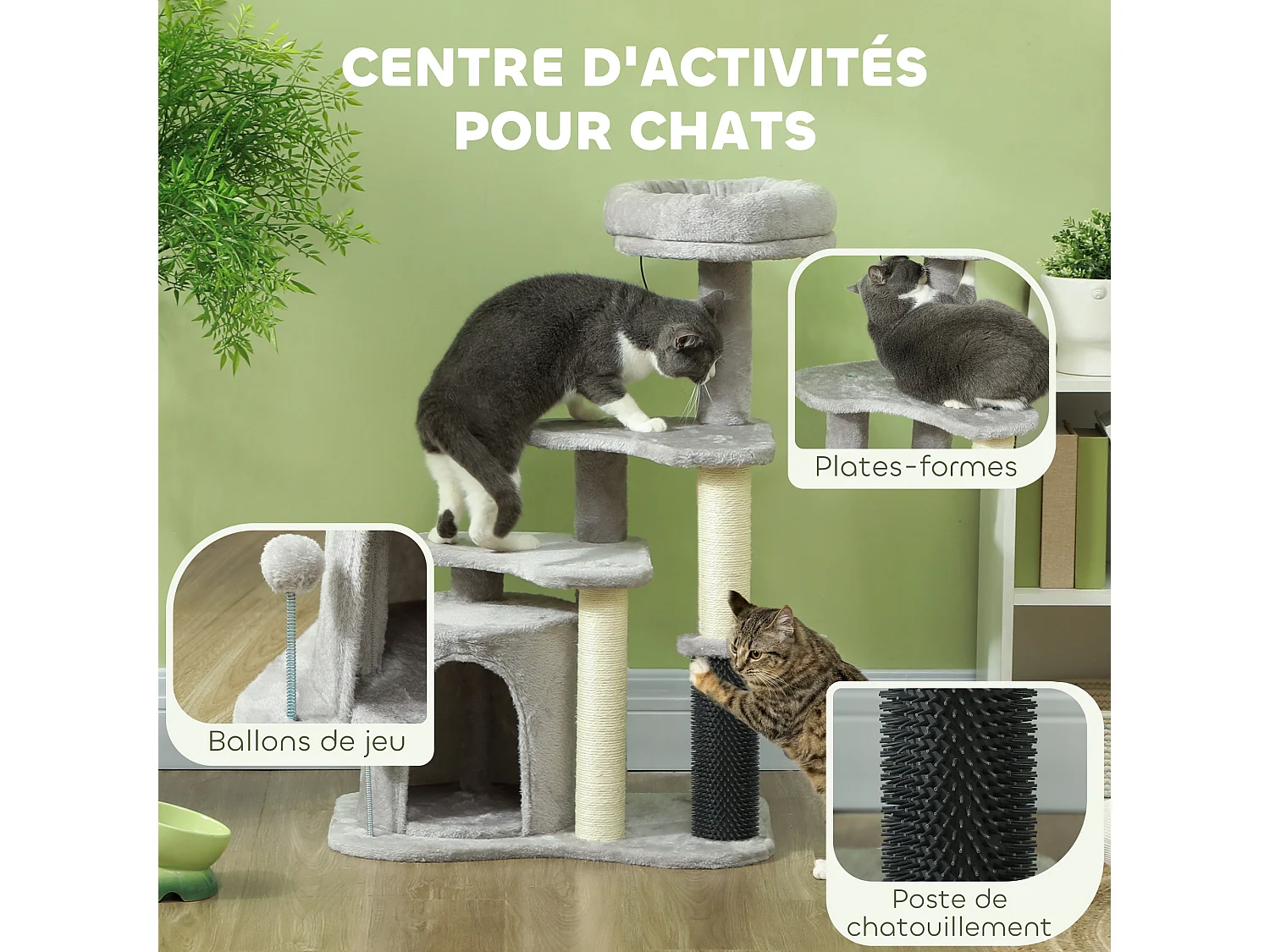 Arbre à chat H.87 cm 3 niv. - griffoirs, niche, bande massante, tour observation, boules - gris clair
