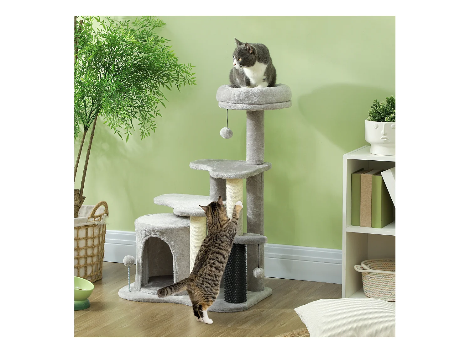 Arbre à chat H.87 cm 3 niv. - griffoirs, niche, bande massante, tour observation, boules - gris clair