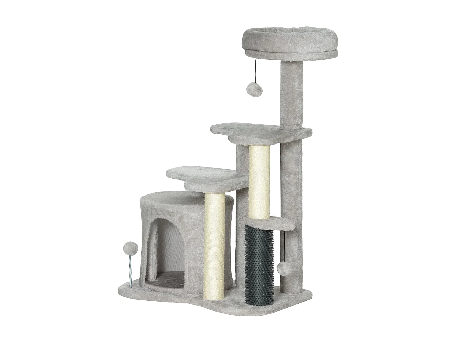Arbre à chat H.87 cm 3 niv. - griffoirs, niche, bande massante, tour observation, boules - gris clair