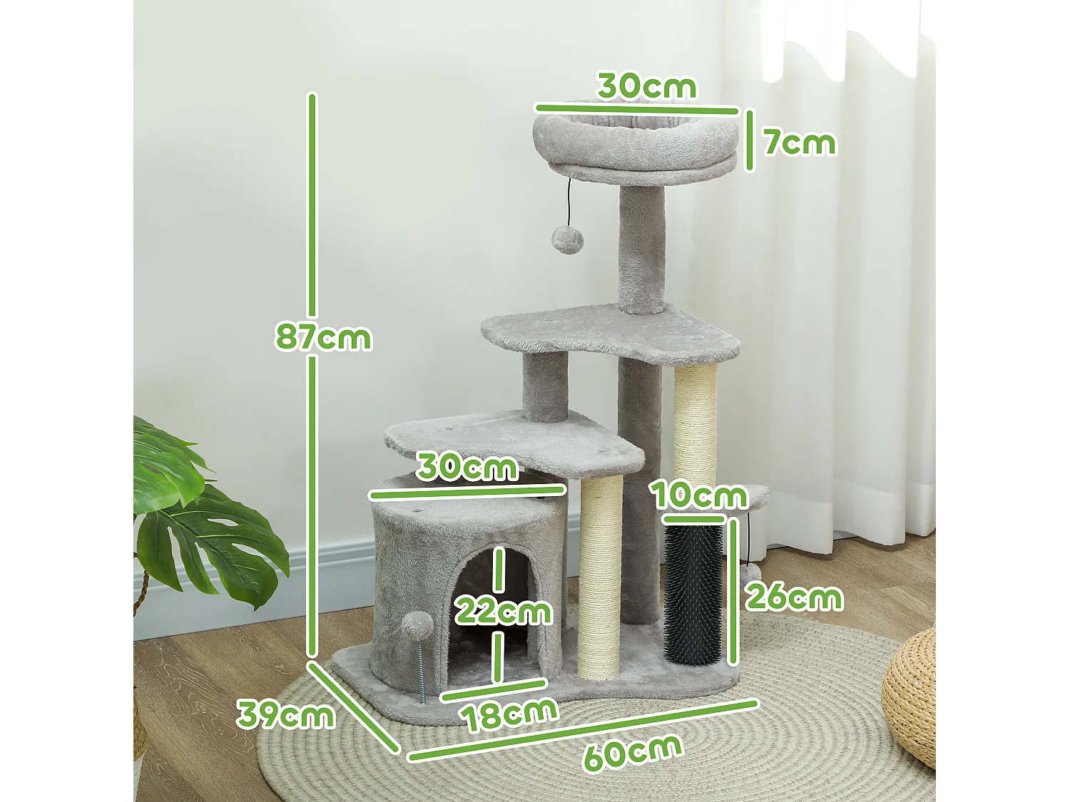 Arbre à chat H.87 cm 3 niv. - griffoirs, niche, bande massante, tour observation, boules - gris clair