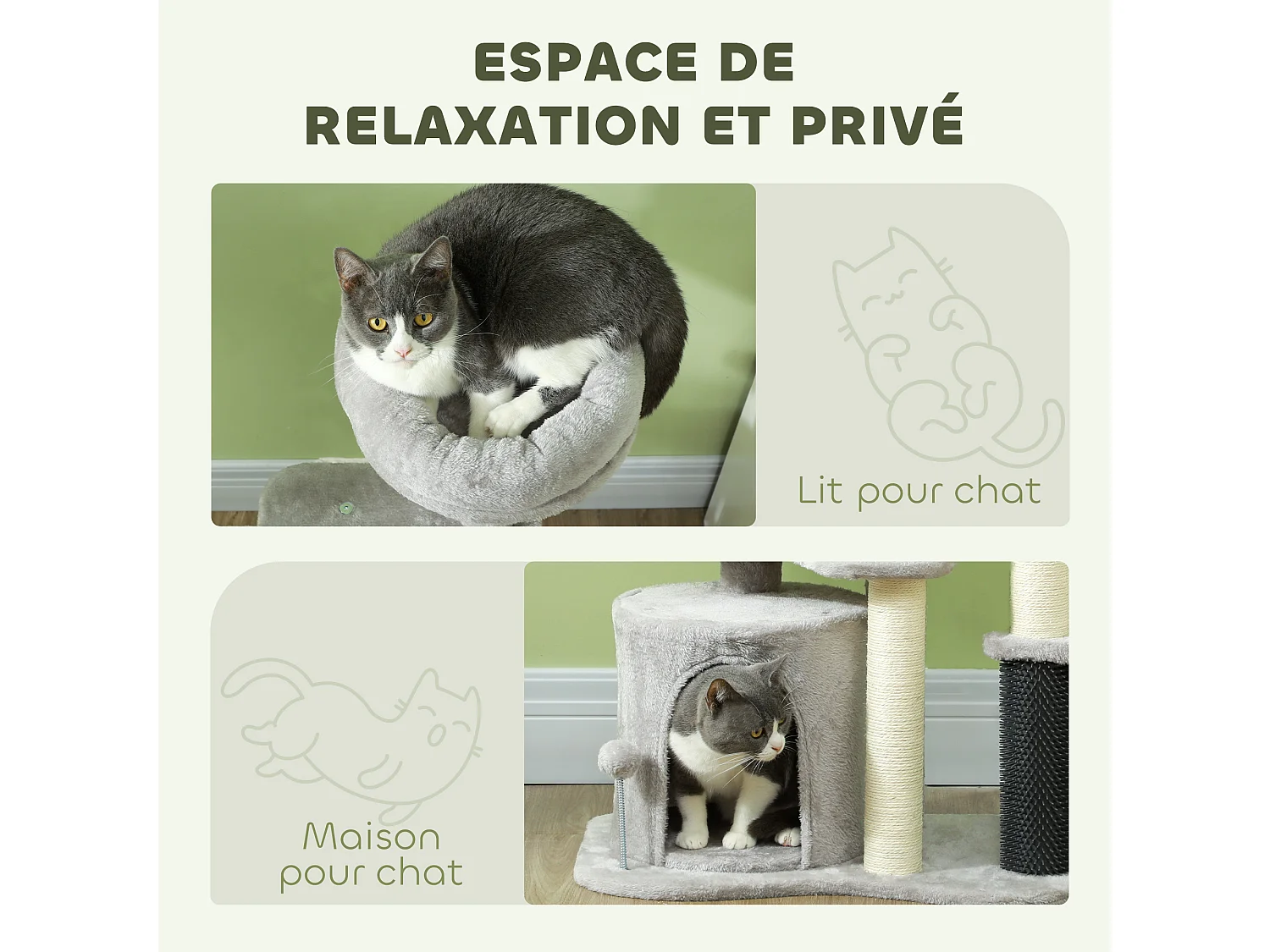 Arbre à chat H.87 cm 3 niv. - griffoirs, niche, bande massante, tour observation, boules - gris clair