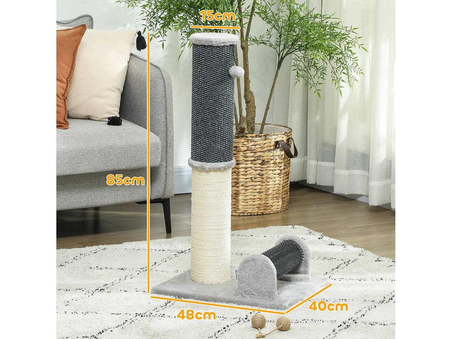 Arbre à chat - griffoir grattoir H.85 cm - jeu boule, bande massante - sisal naturel peluche gris