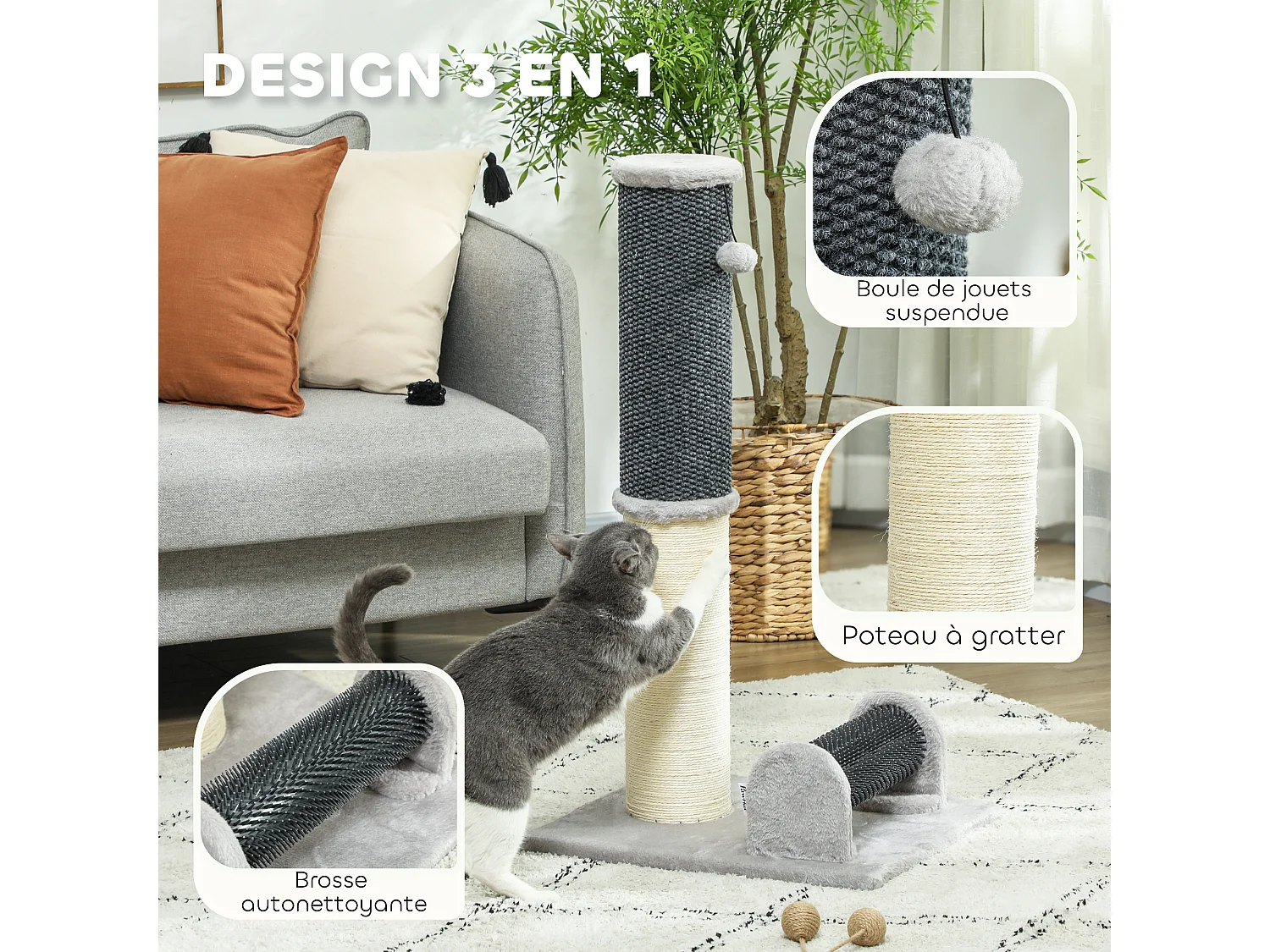 Arbre à chat - griffoir grattoir H.85 cm - jeu boule, bande massante - sisal naturel peluche gris