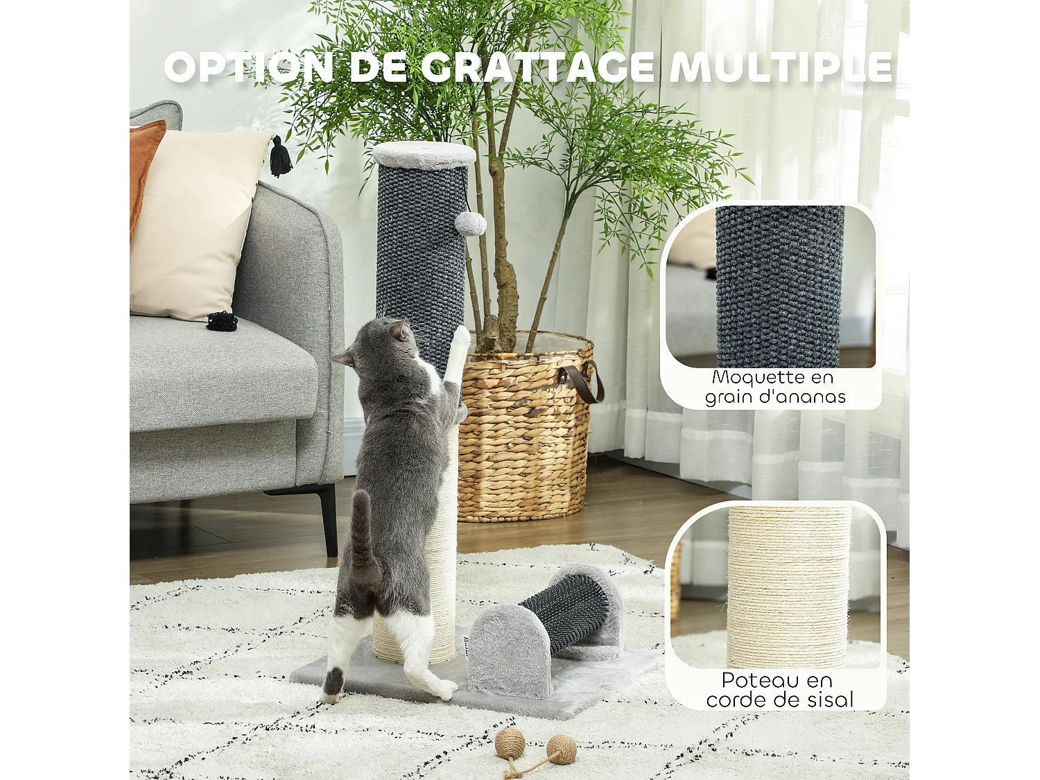 Arbre à chat - griffoir grattoir H.85 cm - jeu boule, bande massante - sisal naturel peluche gris