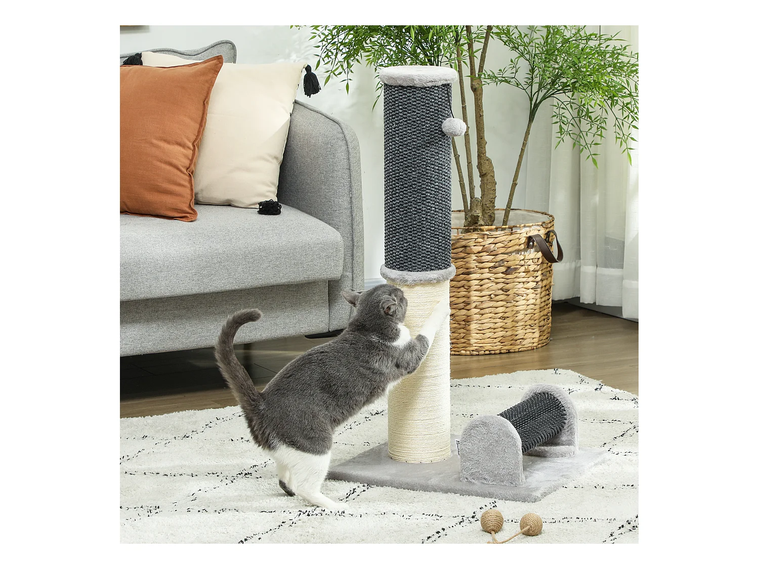 Arbre à chat - griffoir grattoir H.85 cm - jeu boule, bande massante - sisal naturel peluche gris
