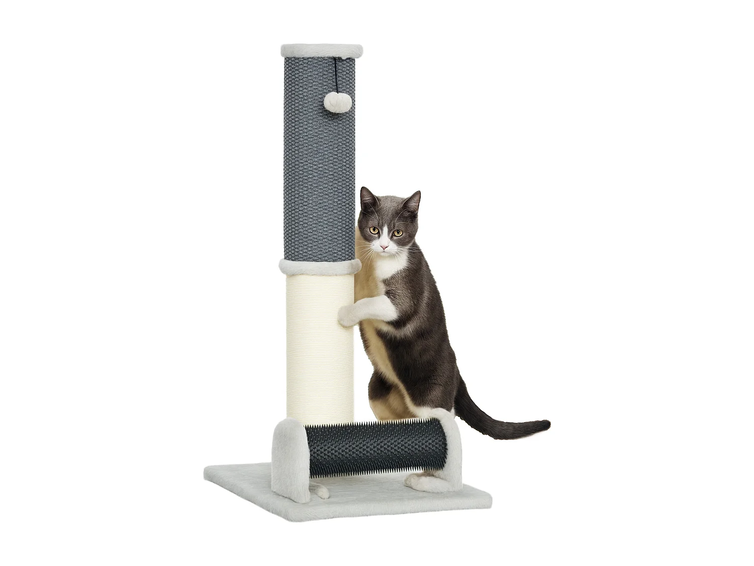 Arbre à chat - griffoir grattoir H.85 cm - jeu boule, bande massante - sisal naturel peluche gris